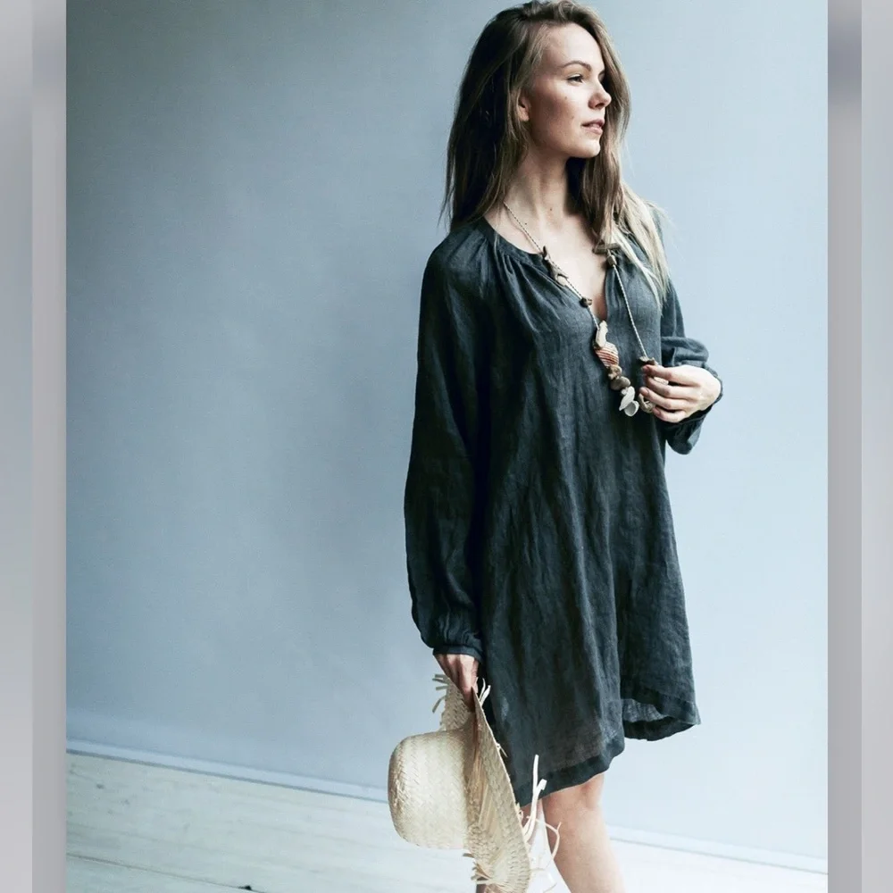 open lace back dress Thumb hole Sleeves tunic dress/Cotton dress/High Neck Dress/Womens Tun –  lijingshop main image 1
